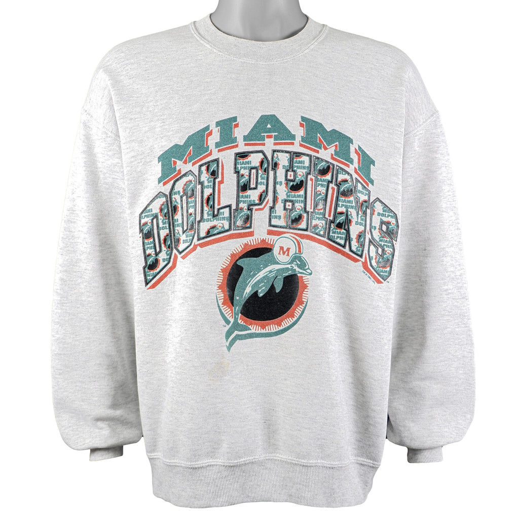 NFL (Jerzees) - Miami Dolphins Spell-Out Crew Neck Sweatshirt 1992 X-Large Vintage Retro Football