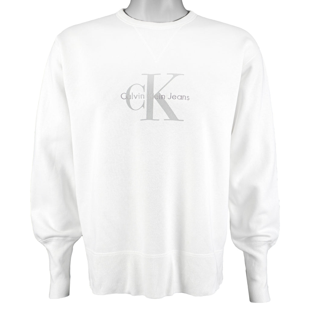 Calvin Klein - White Spell-Out Crew Neck Sweatshirt 1990s Large Vintage Retro