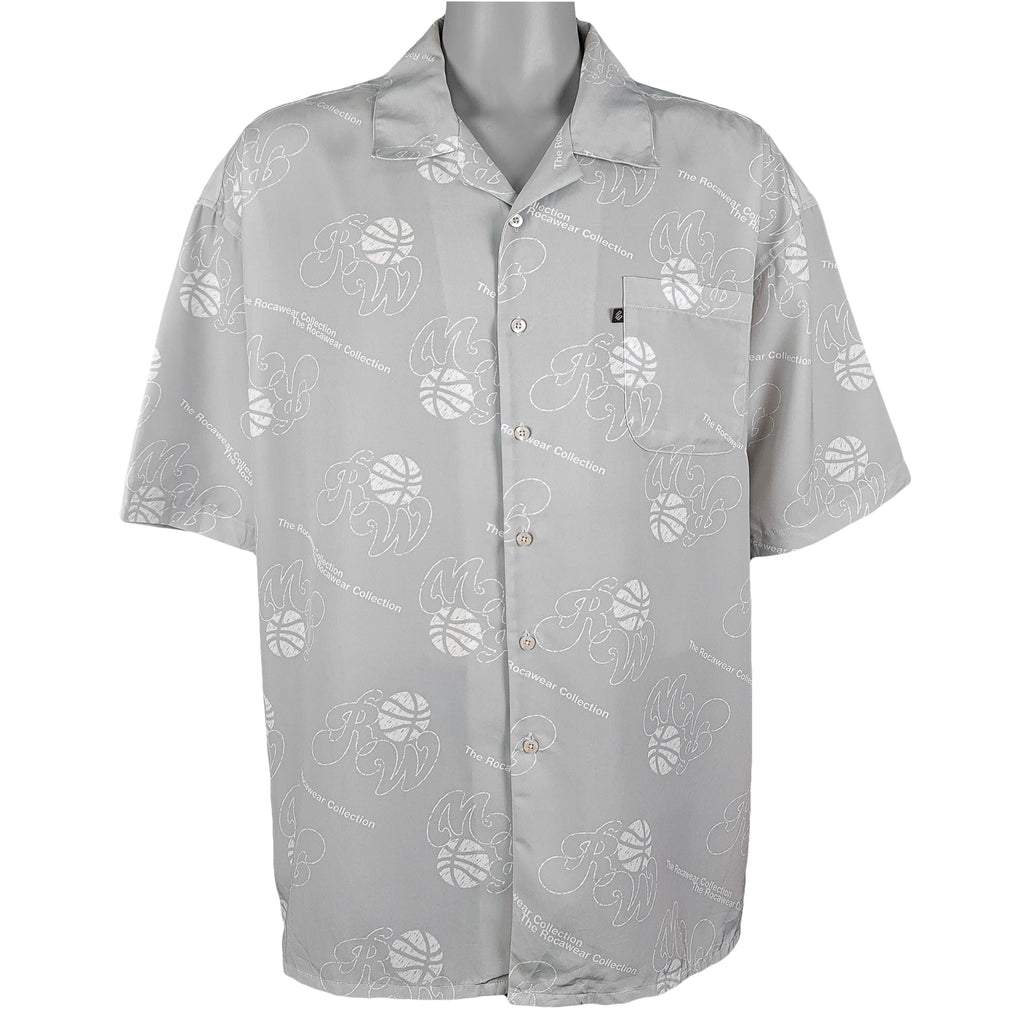 Vintage (Rocawear) -Light Grey Printed Button-Up T-Shirt X-Large Vintage Retro