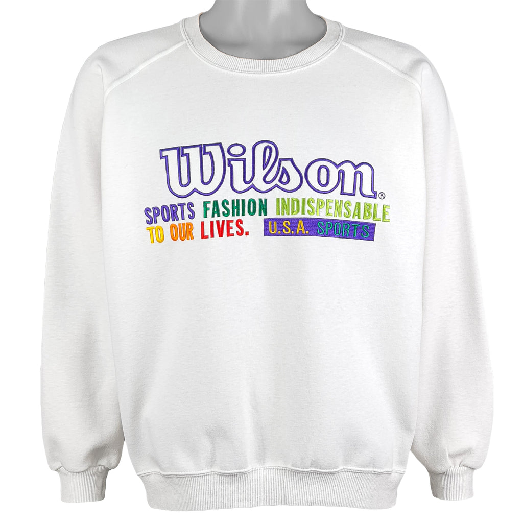 Wilson - White Big Spell-Out Crew Neck Sweatshirt 1990s Large Vintage Retro