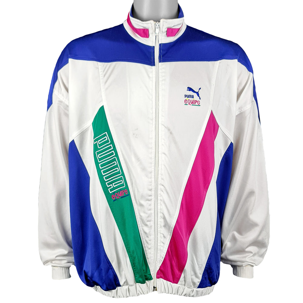 Puma - White & Blue Spell-Out Track Jacket 1990s Large Vintage Retro