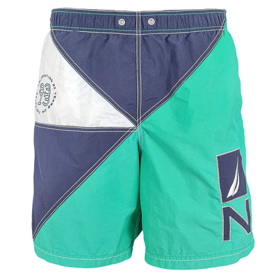 Nautica - Green with Blue & White Swim Shorts 1990s Medium