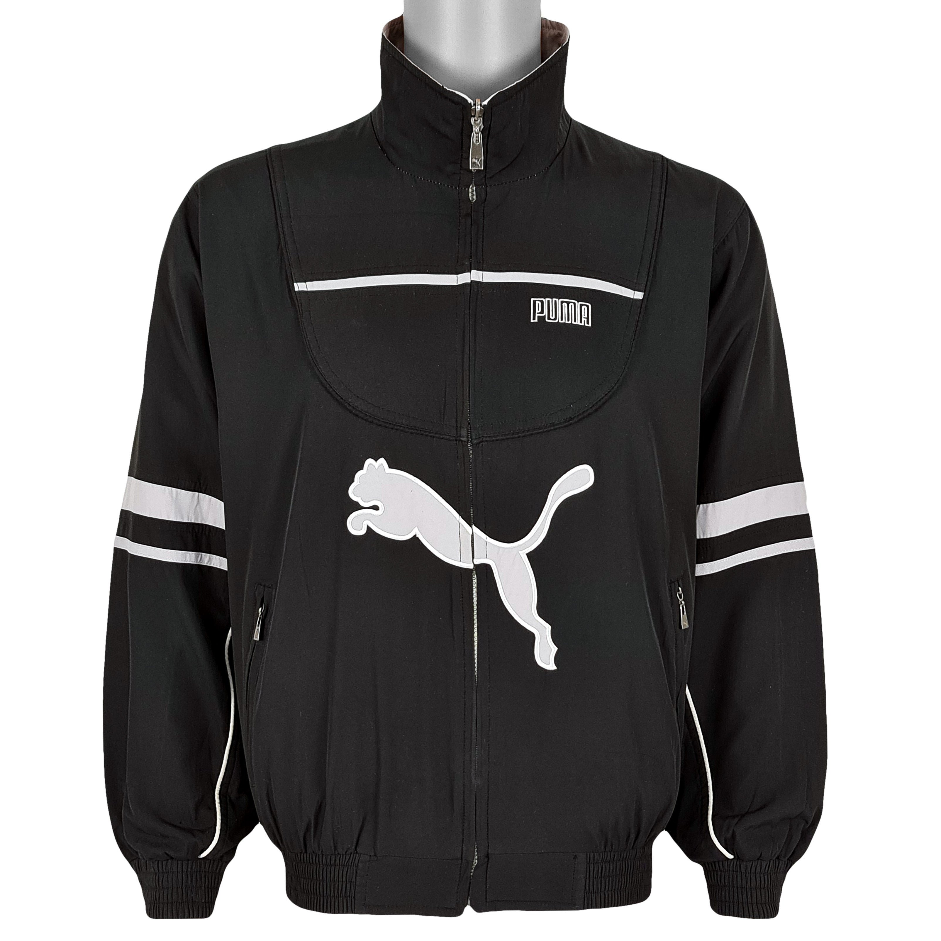 Puma - Black & Grey Reversible Spell-Out Windbreaker 1990s Medium Vintage Retro 