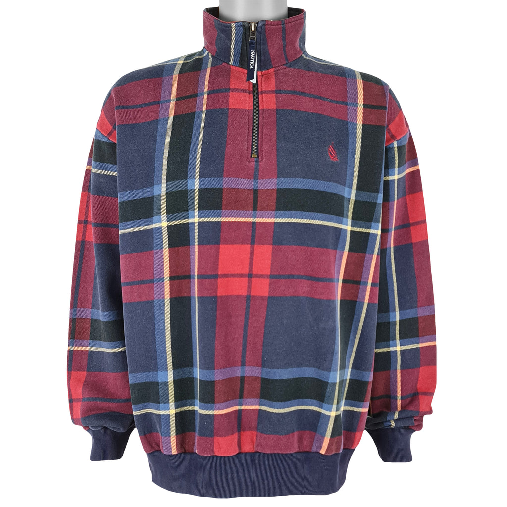 Nautica - Green 1/4 Zip Plaid Sweatshirt 1990s X-Large Vintage Retro
