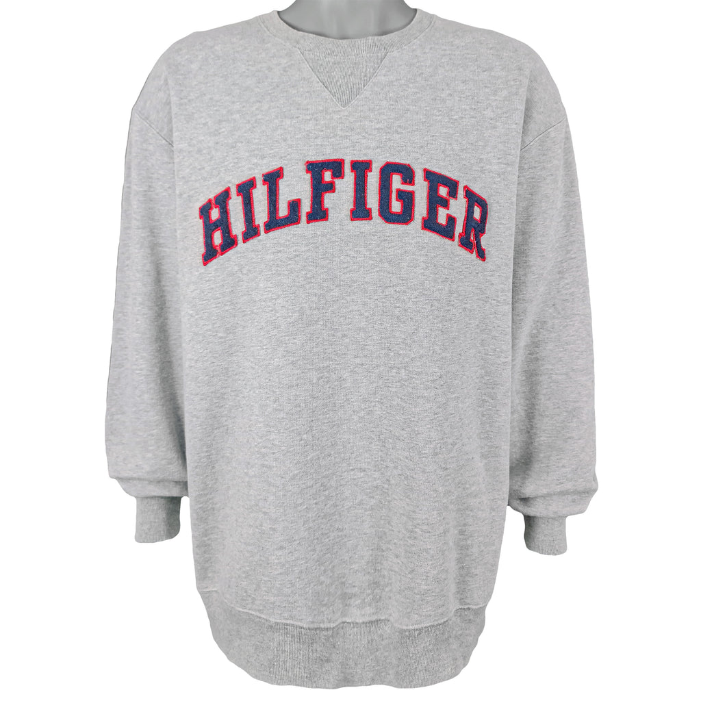 Tommy Hilfiger - Grey Spell-Out Crew Neck Sweatshirt 1990s X-Large Vintage Retro