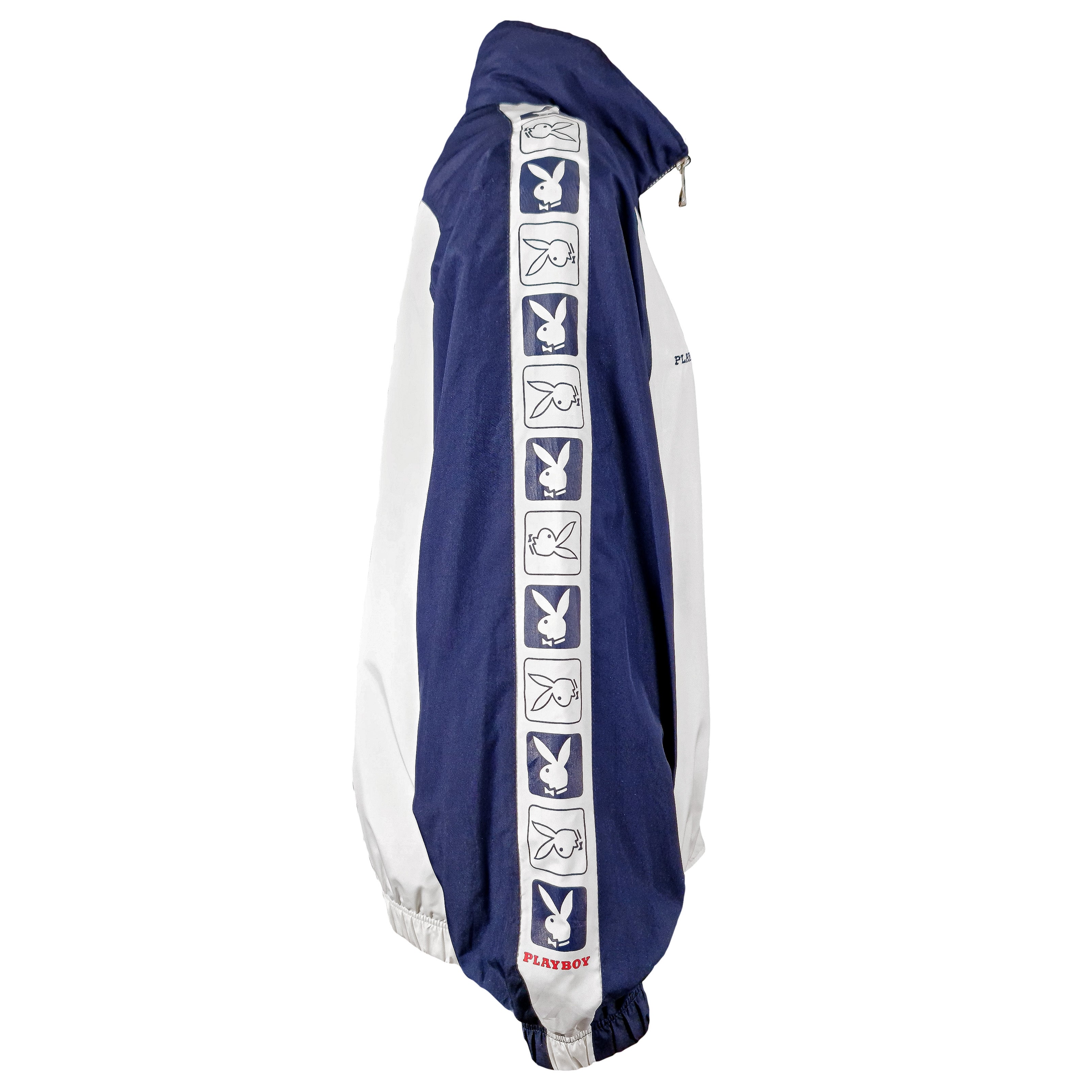 Playboy - White & Blue Tape Logo Jacket 1990s Large Vintage Retro