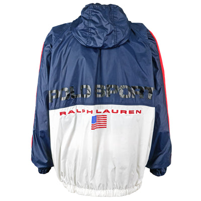 Ralph Lauren (Polo) - Blue & White Spell-Out Hooded Windbreaker 1990s Large