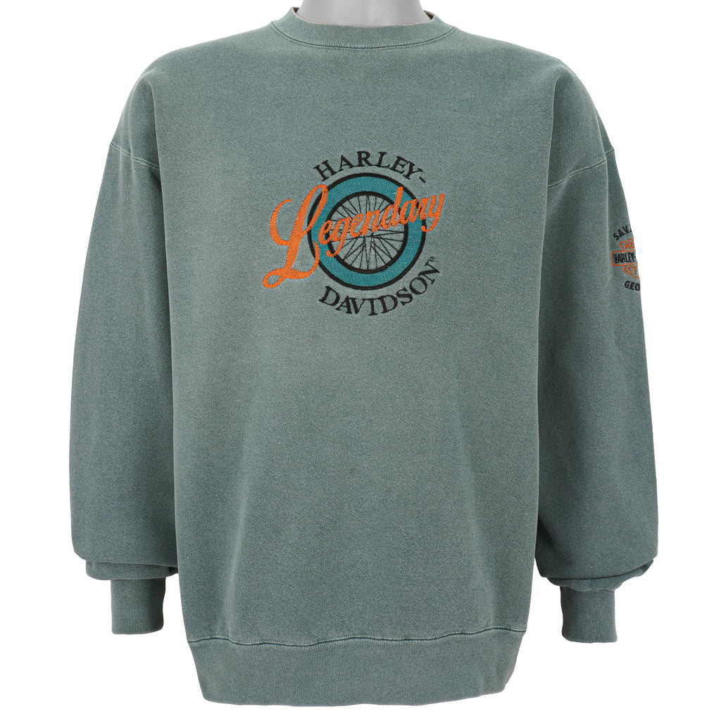Harley Davidson - Green Spell-Out Crew Neck Sweatshirt 1990s Large Vintage Retro