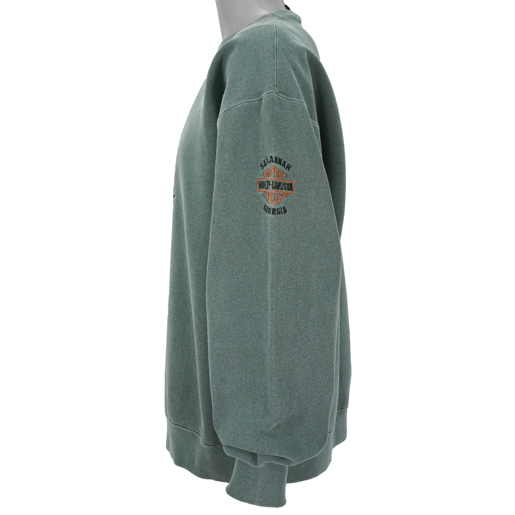 Harley Davidson - Green Spell-Out Crew Neck Sweatshirt 1990s Large Vintage Retro