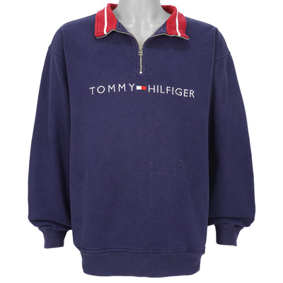 Tommy Hilfiger - Blue Spell-Out 1/4 Zip Sweatshirt 1990s Large