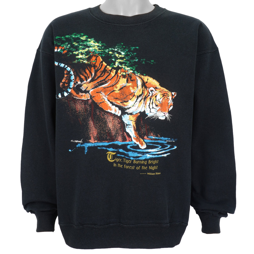 Vintage (Hanes) - Black Tiger Printed Crew Neck Sweatshirt 1990s X-Large Vintage Retro