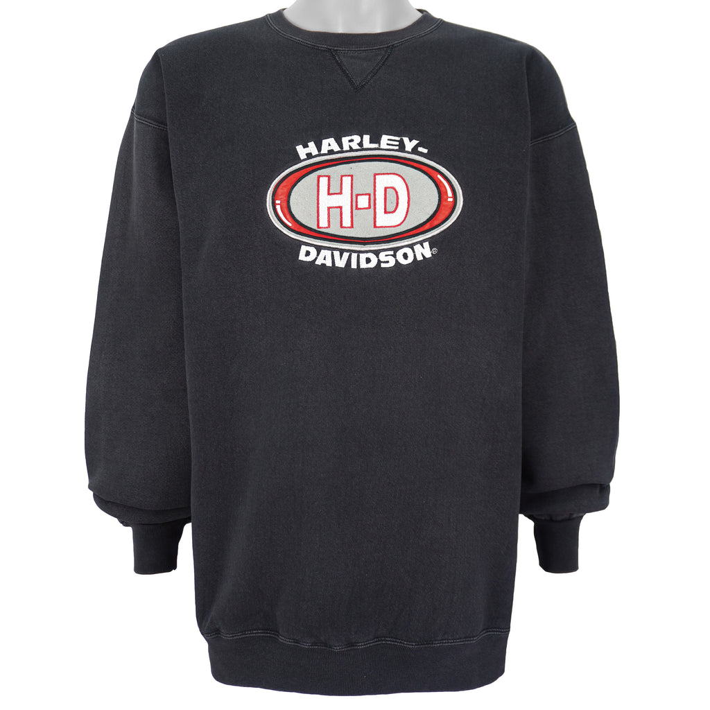 Harley Davidson - Black Spell-Out Crew Neck Sweatshirt 1990s Large Vintage Retro