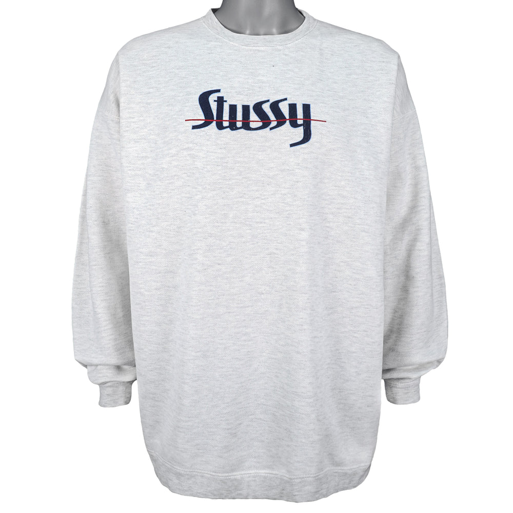 Stussy - Grey Spell-Out Crew Neck Sweatshirt Large Vintage Retro