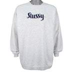 Stussy - Grey Spell-Out Crew Neck Sweatshirt Large Vintage Retro