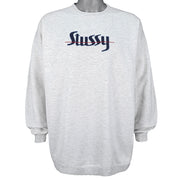 Stussy - Grey Spell-Out Crew Neck Sweatshirt Large Vintage Retro