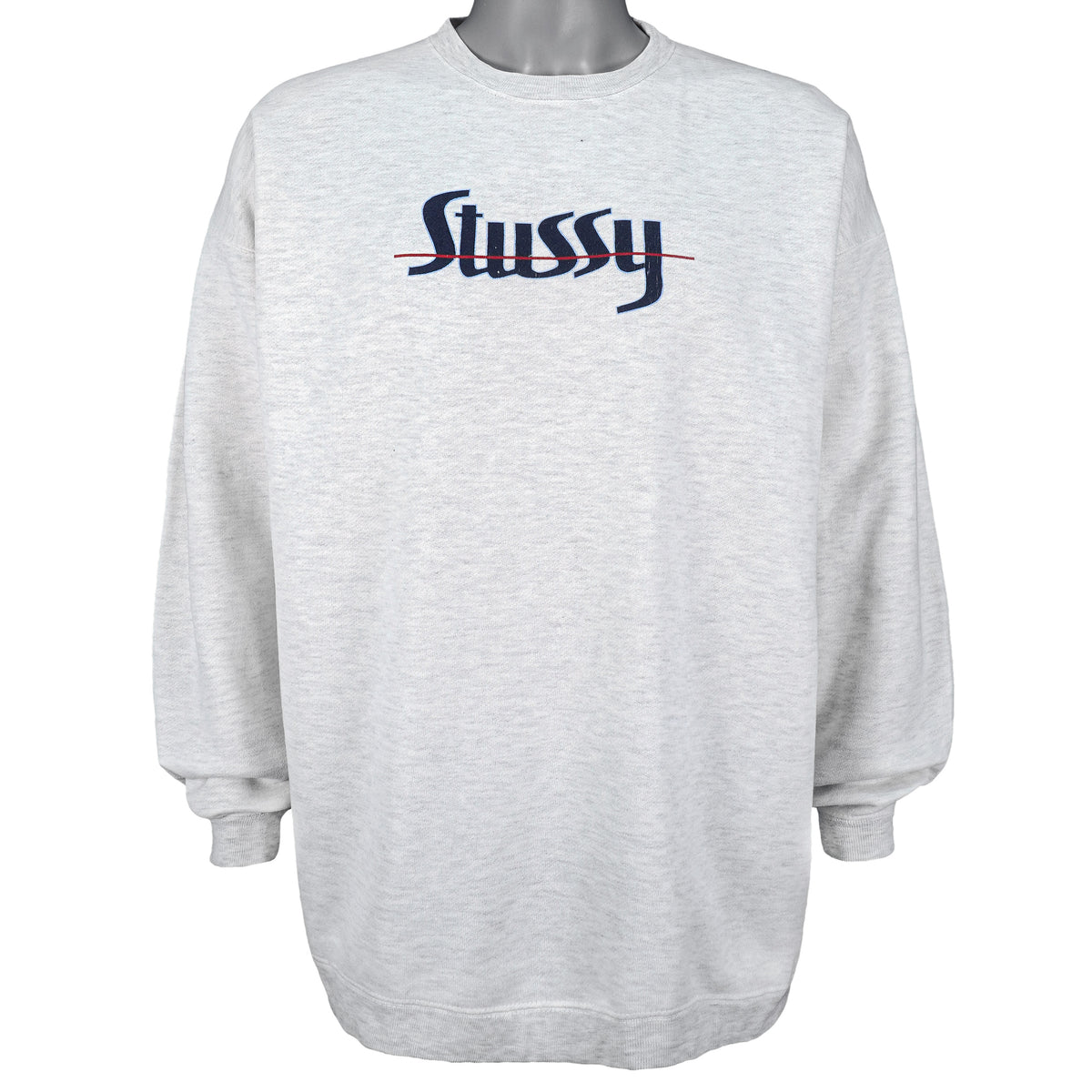 Stussy - Grey Spell-Out Crew Neck Sweatshirt Large Vintage Retro