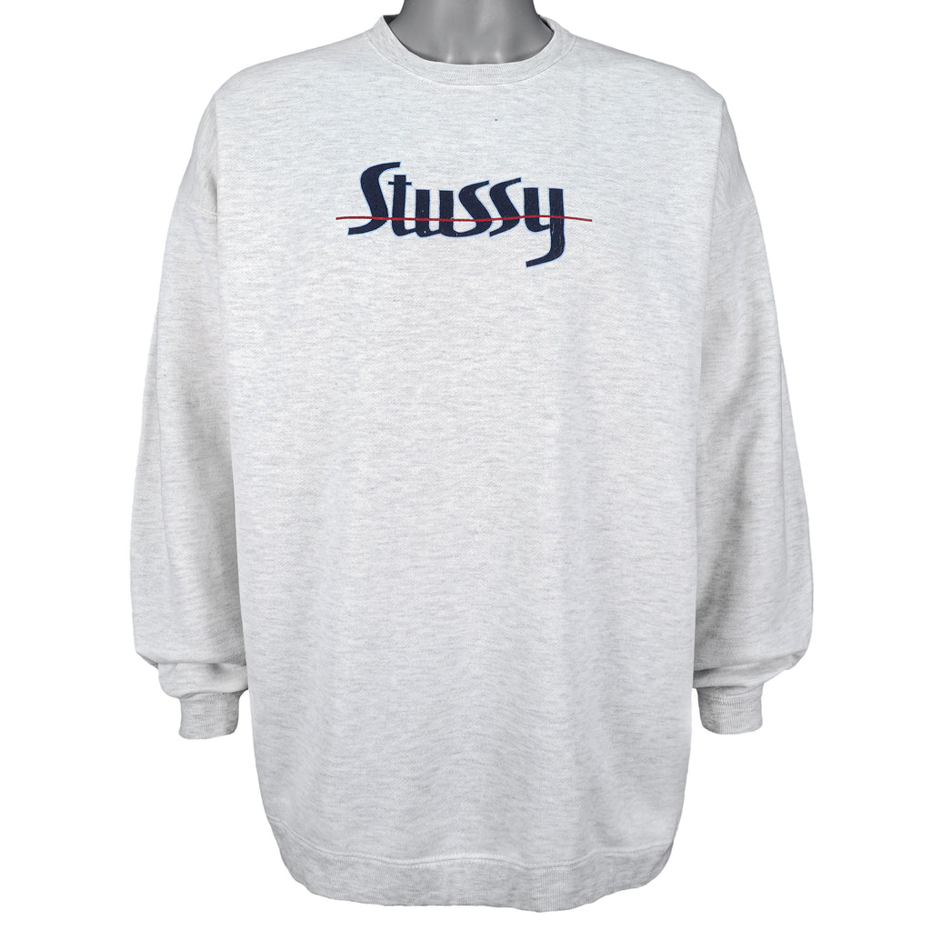 Stussy - Grey Spell-Out Crew Neck Sweatshirt Large Vintage Retro
