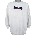 Stussy - Grey Spell-Out Crew Neck Sweatshirt Large Vintage Retro