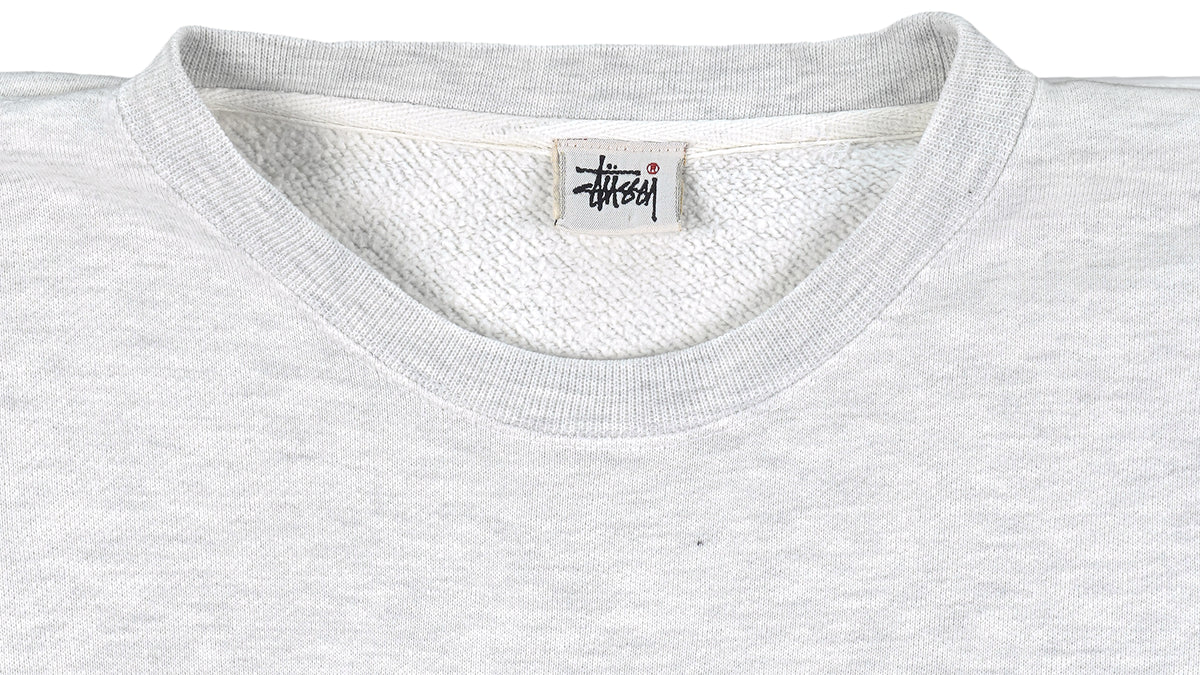 Stussy - Grey Spell-Out Crew Neck Sweatshirt Large Vintage Retro