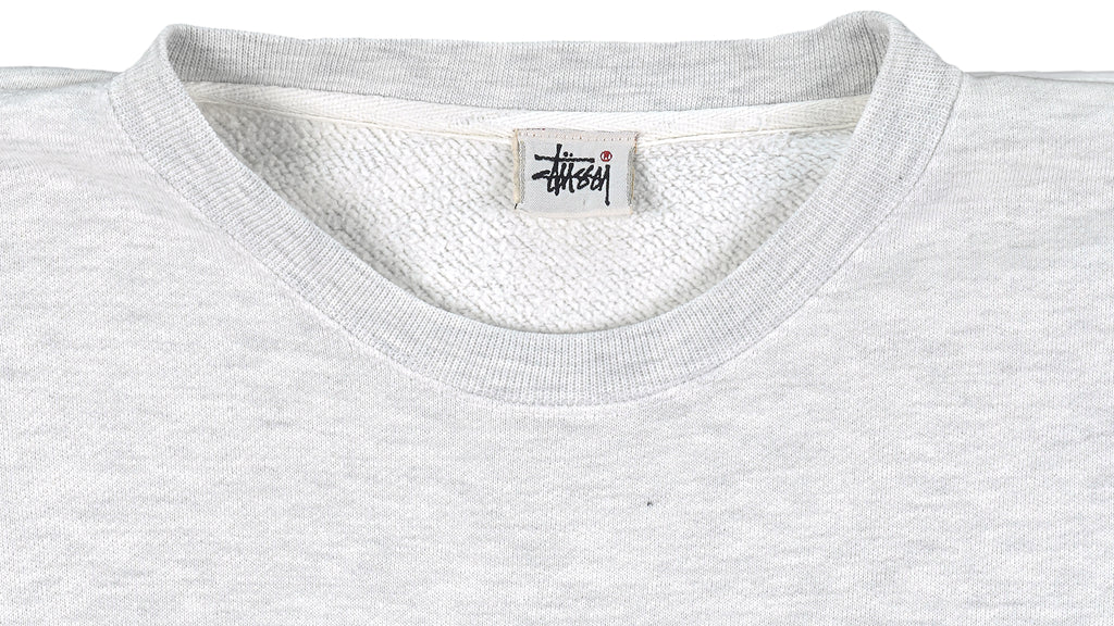Stussy - Grey Spell-Out Crew Neck Sweatshirt Large Vintage Retro