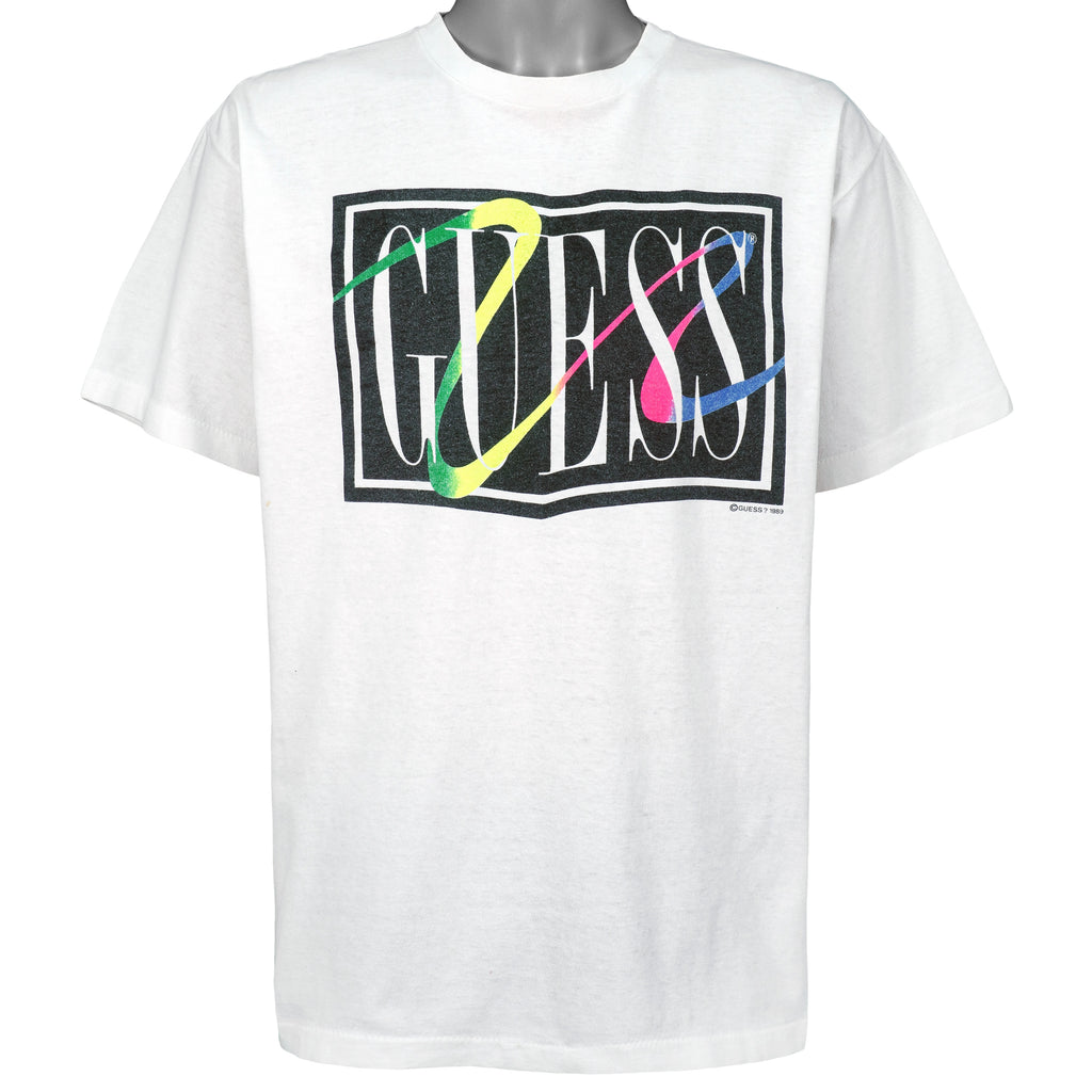 Guess - White Spell-Out T-Shirt 1989 X-Large Vintage Retro