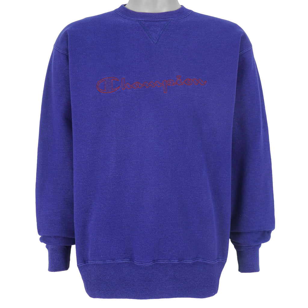 Champion - Blue Big Spell-Out Crew Neck Sweatshirt 1990s X-Large Vintage Retro