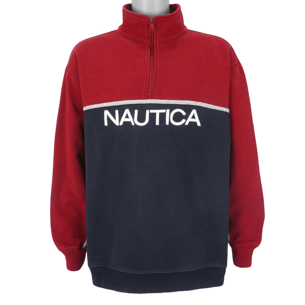 Nautica - Blue & Red Spell-Out 1/4 Zip Sweatshirt 1990s X-Large Vintage Retro