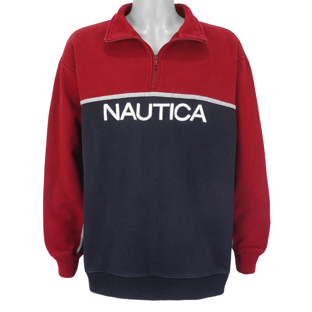 Nautica - Blue & Red Spell-Out 1/4 Zip Sweatshirt 1990s X-Large Vintage Retro