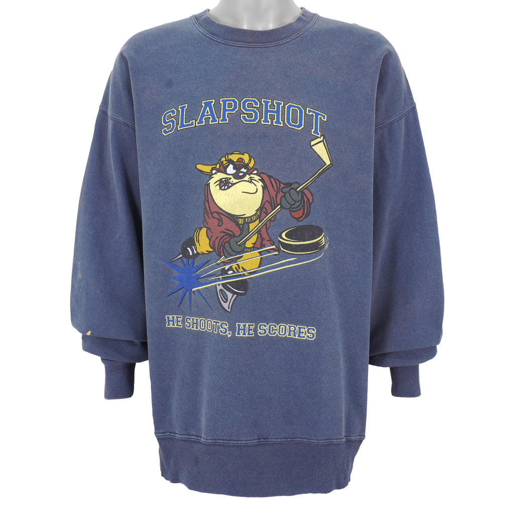 Looney Tunes  - Taz, Slapshot Spell-Out Crew Neck Sweatshirt 1990s X-Large Vintage Retro Hockey