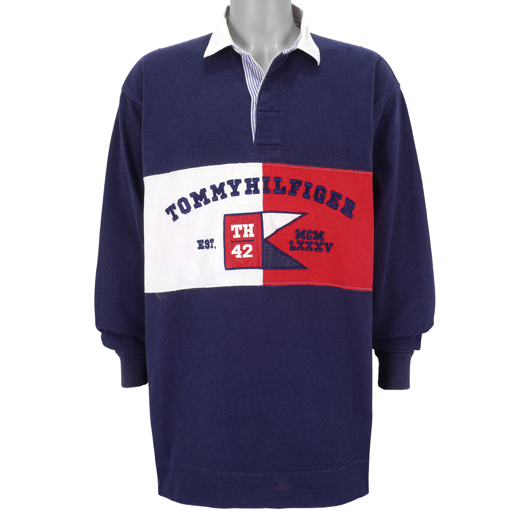 Tommy Hilfiger - Blue Big Spell-Out 1/4 Button Sweatshirt Large Vintage Retro