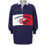 Tommy Hilfiger - Blue Big Spell-Out 1/4 Button Sweatshirt Large Vintage Retro