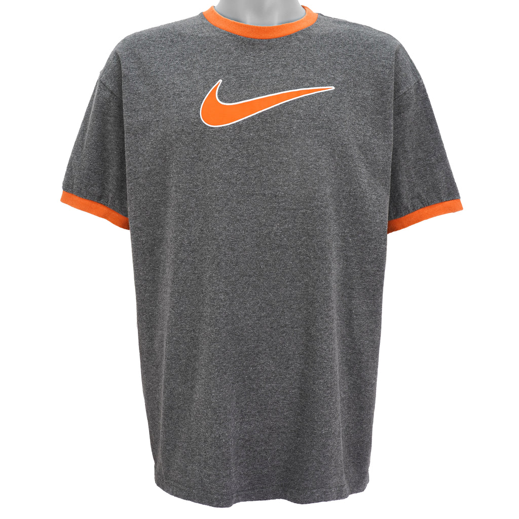 Nike - Grey Big Orange Logo T-Shirt 1990s X-Large Vintage Retro