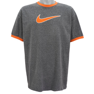 Nike - Grey & Orange Ringer Swoosh T-Shirt 2000s X-Large