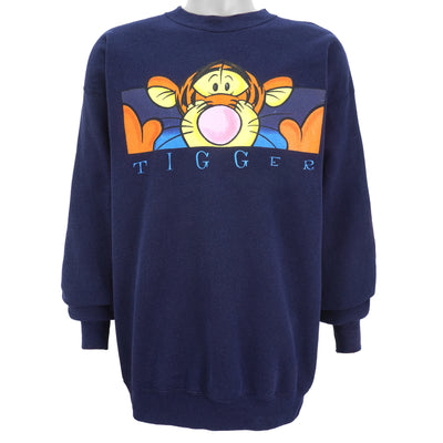 Disney - Blue Tigger Printed Crew Neck Sweatshirt 1990s Large