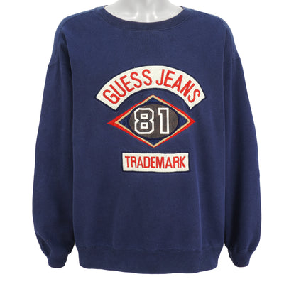 Guess - Blue Spell-Out Crew Neck Sweatshirt 1990s Large