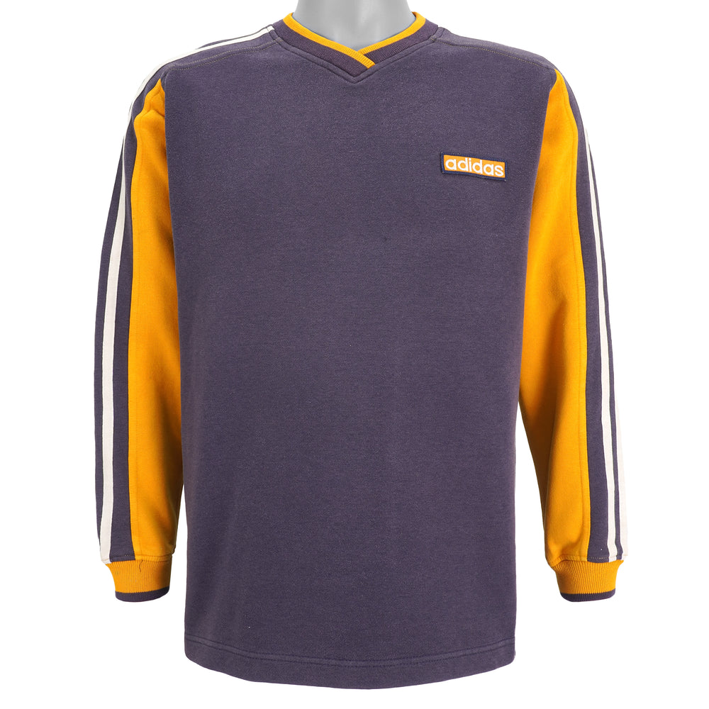 Adidas - Grey with Yellow V-Neck Sweatshirt 1990s Medium Vintage Retro