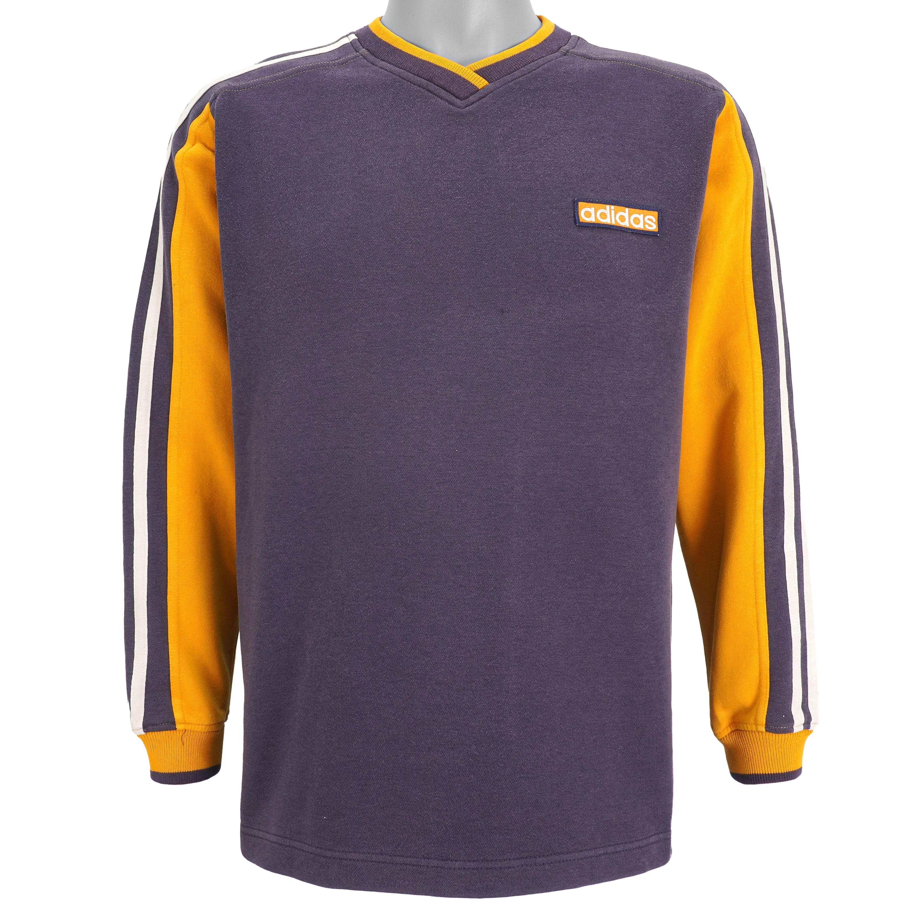 Adidas - Grey with Yellow V-Neck Sweatshirt 1990s Medium Vintage Retro