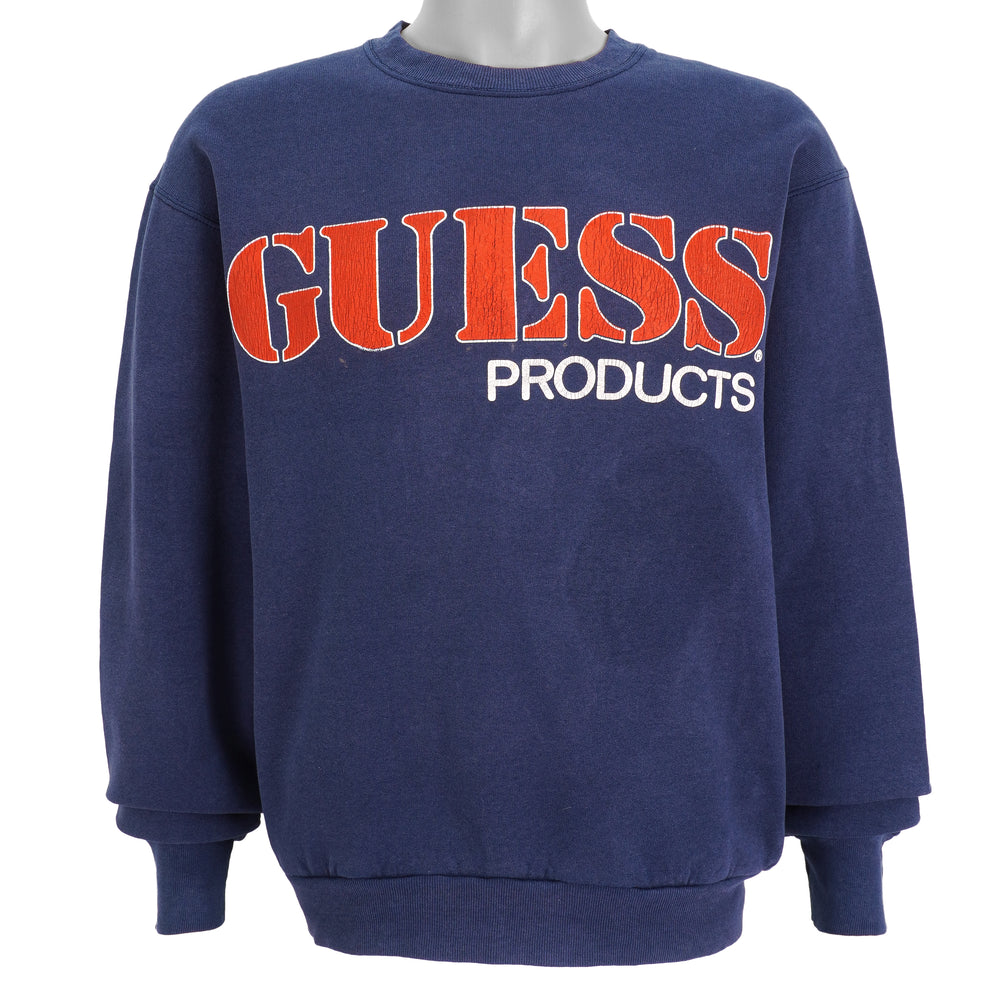 Guess - Blue Spell-Out Crew Neck Sweatshirt 1990s Medium Vintage Retro