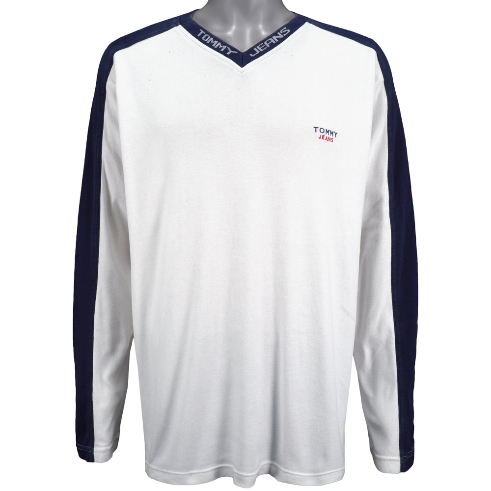 Tommy Hilfiger - White With Black Long Sleeved Shirt 1990s X-Large Vintage Retro