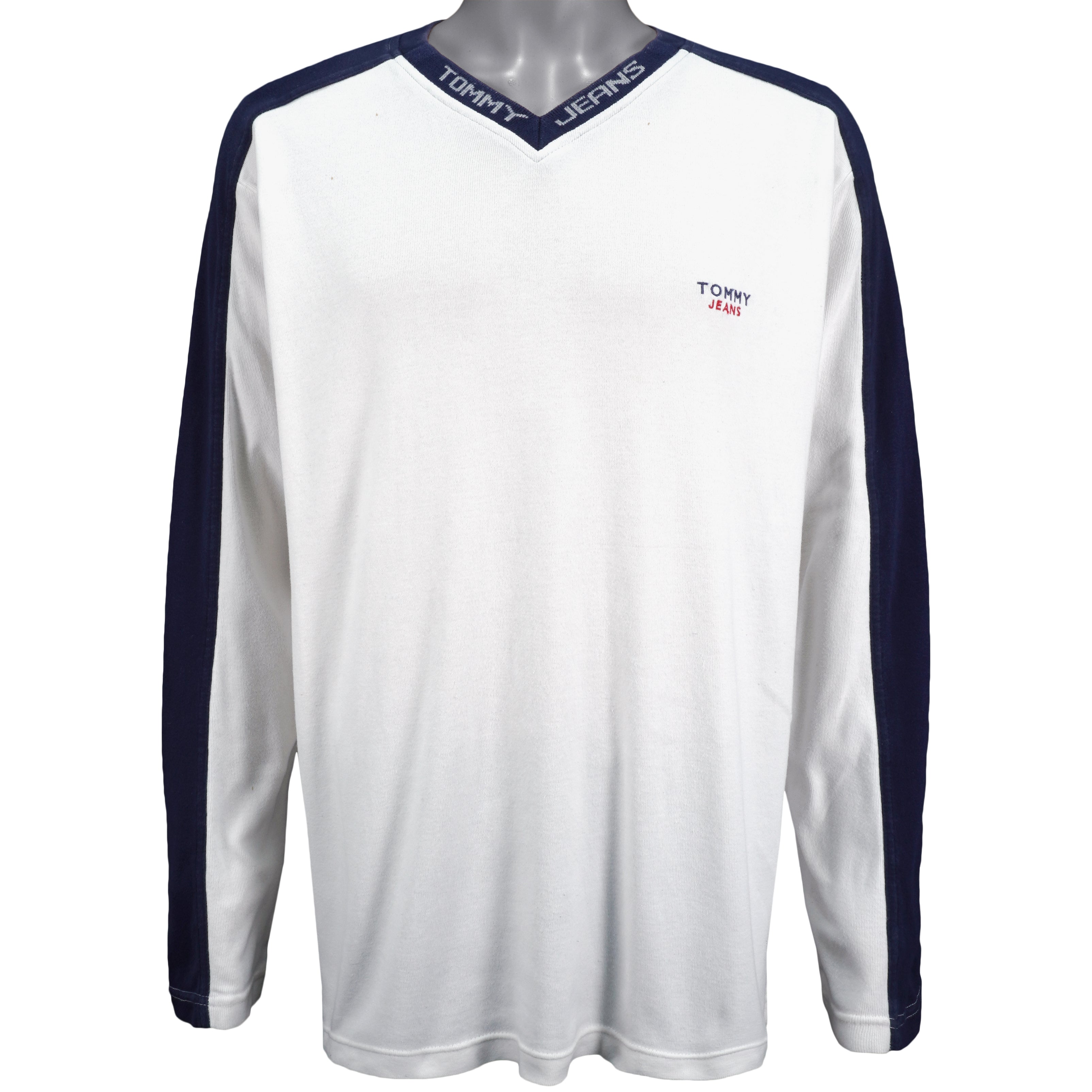 Tommy Hilfiger - White With Black Long Sleeved Shirt 1990s X-Large Vintage Retro