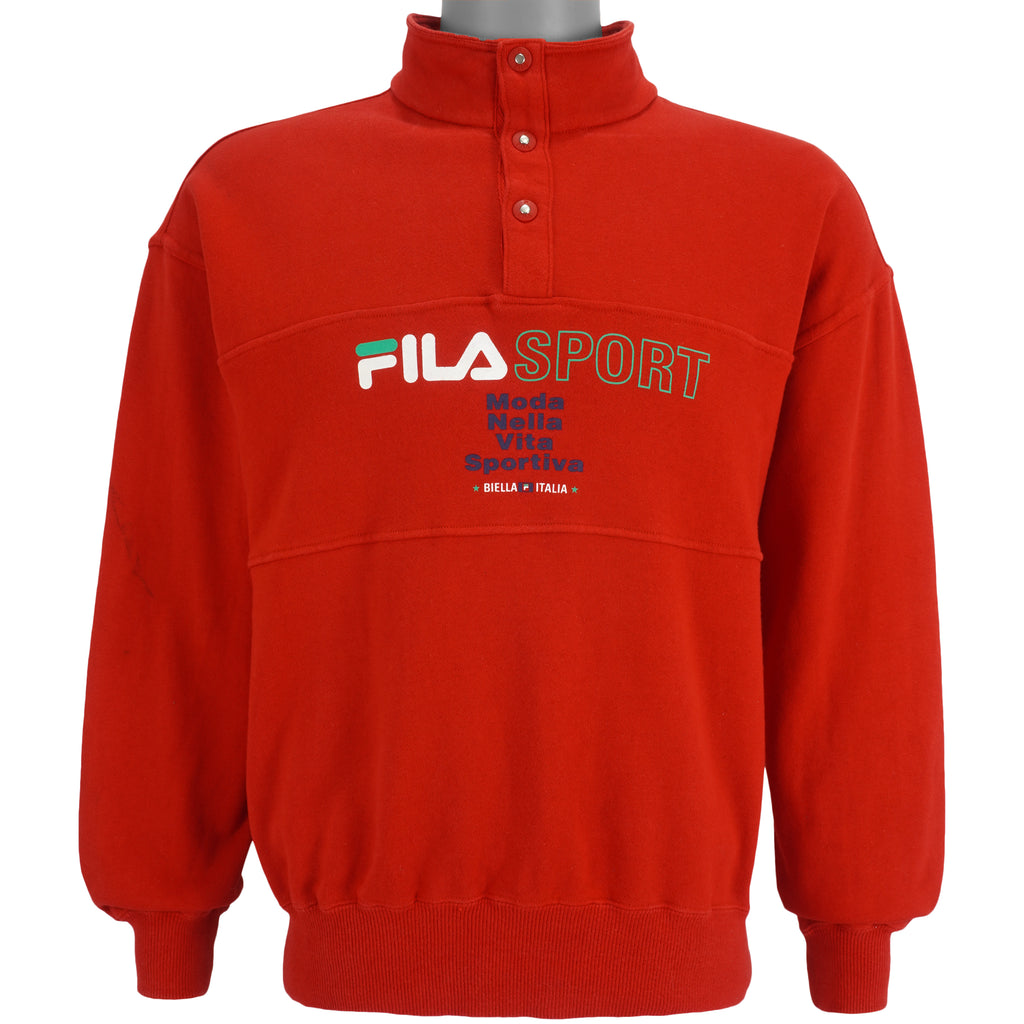 Fila - Red 1/4 Button Turtleneck Sweatshirt 1990s Medium Vintage Retro