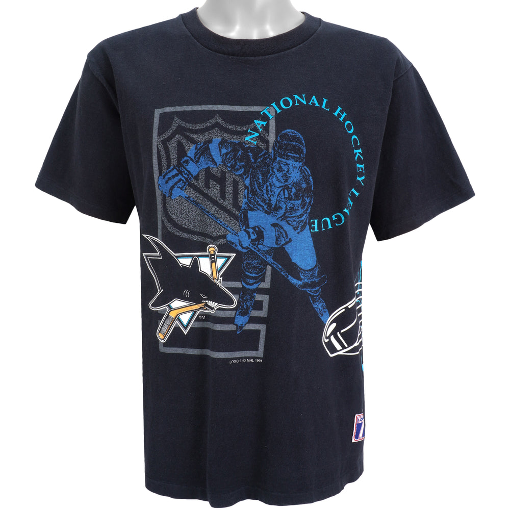 NHL (Logo 7) - San Jose Sharks Double Sided Printing T-Shirt 1991 Large Vintage Retro Hockey