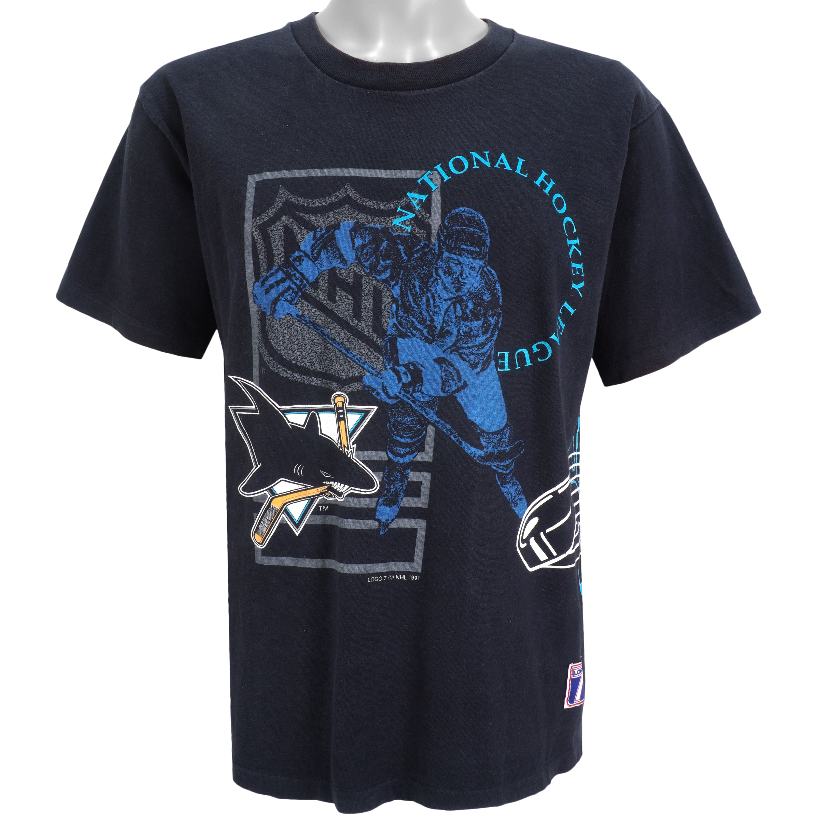 NHL (Logo 7) - San Jose Sharks Double Sided Printing T-Shirt 1991 Large Vintage Retro Hockey