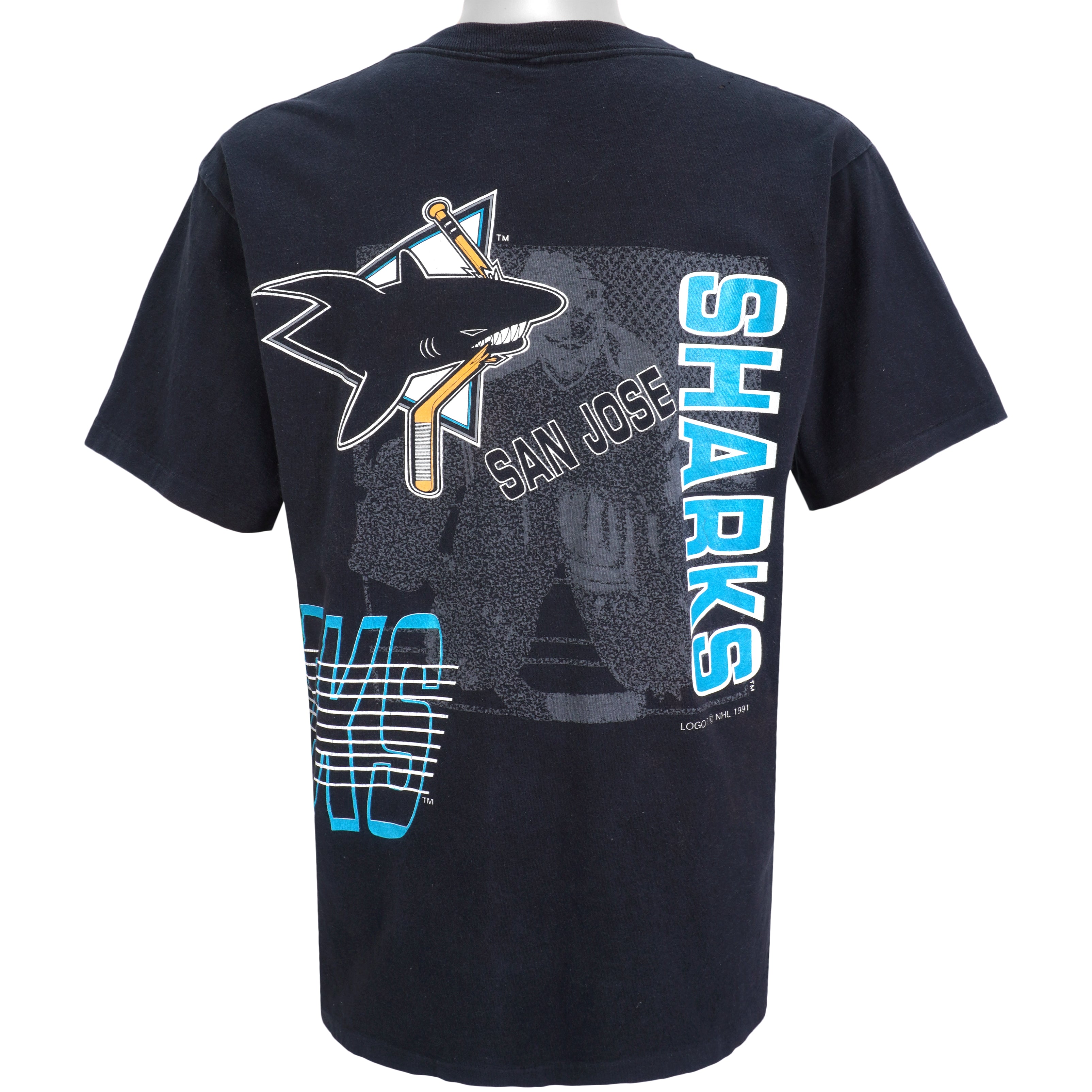 NHL (Logo 7) - San Jose Sharks Double Sided Printing T-Shirt 1991 Large Vintage Retro Hockey