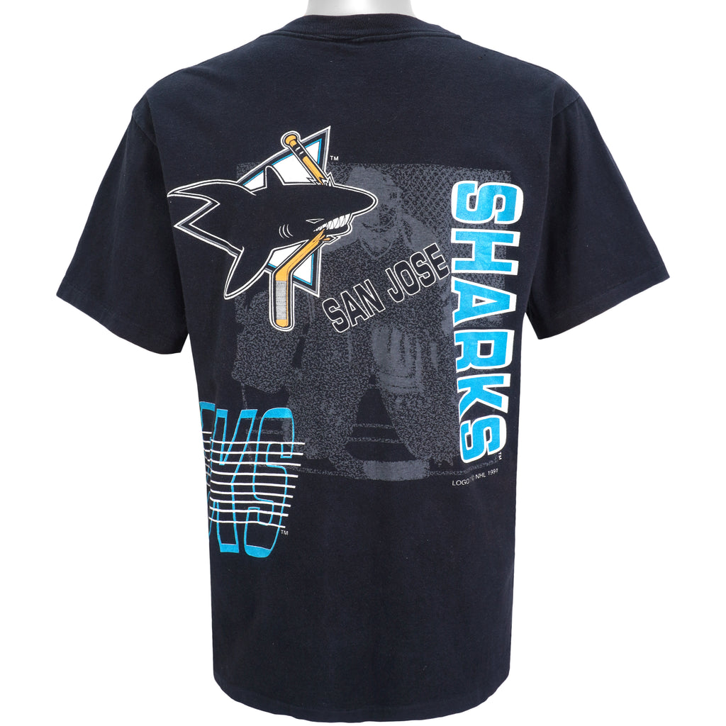 NHL (Logo 7) - San Jose Sharks Double Sided Printing T-Shirt 1991 Large Vintage Retro Hockey