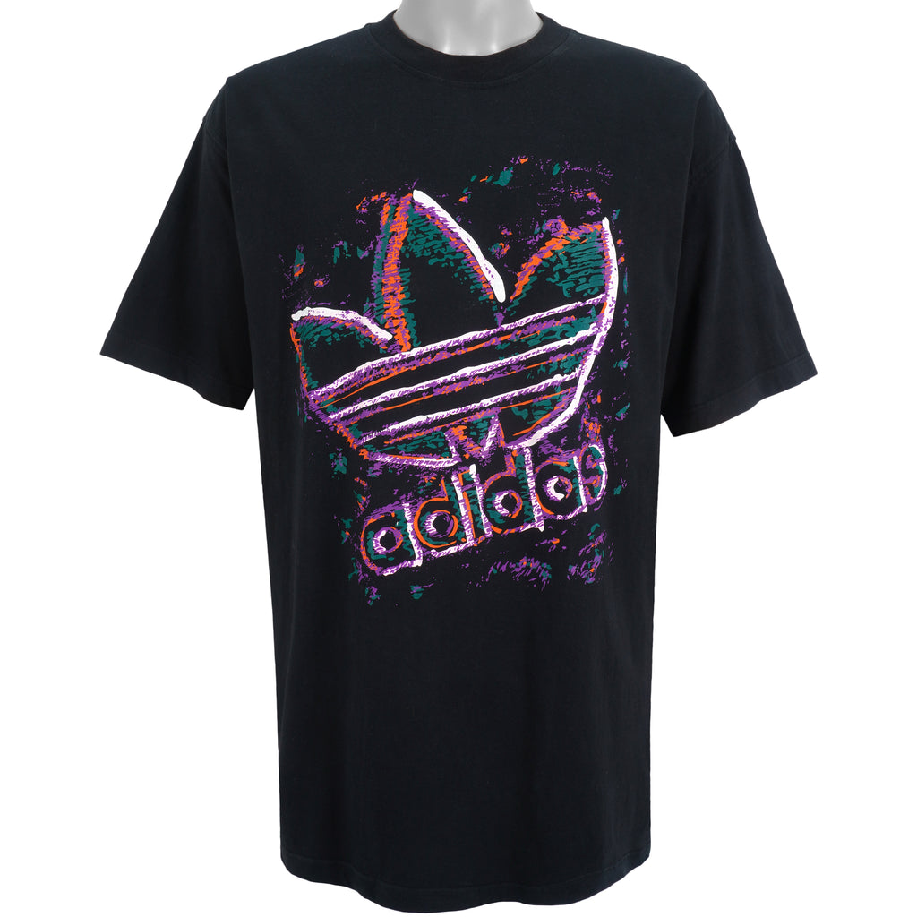 Adidas - Black Big Spell-Out & Logo T-Shirt 1990s X-Large Vintage Retro