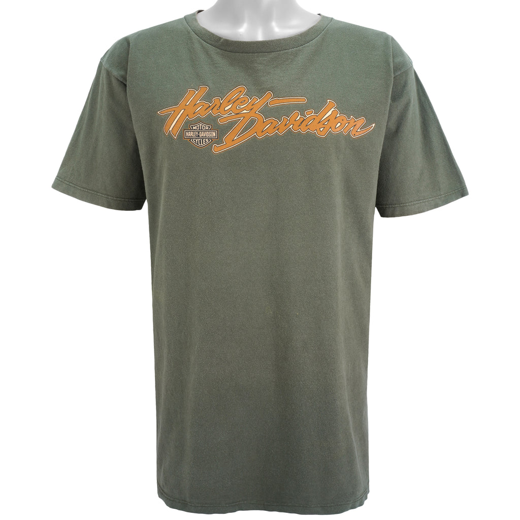 Harley Davidson - Green New Castle Big Spell-Out T-Shirt 1990s Large Vintage Retro