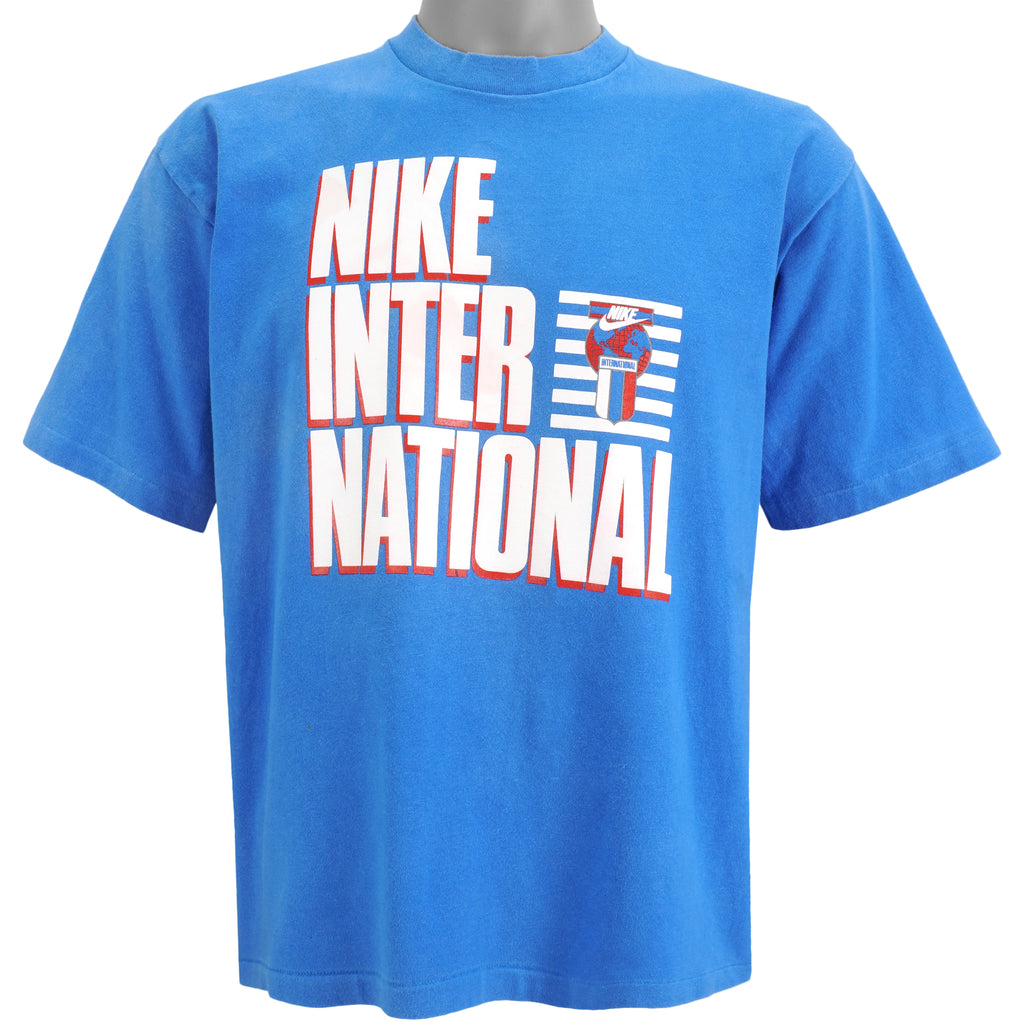 Nike - Blue International Grey Tag T-Shirt 1990s Medium Vintage Retro