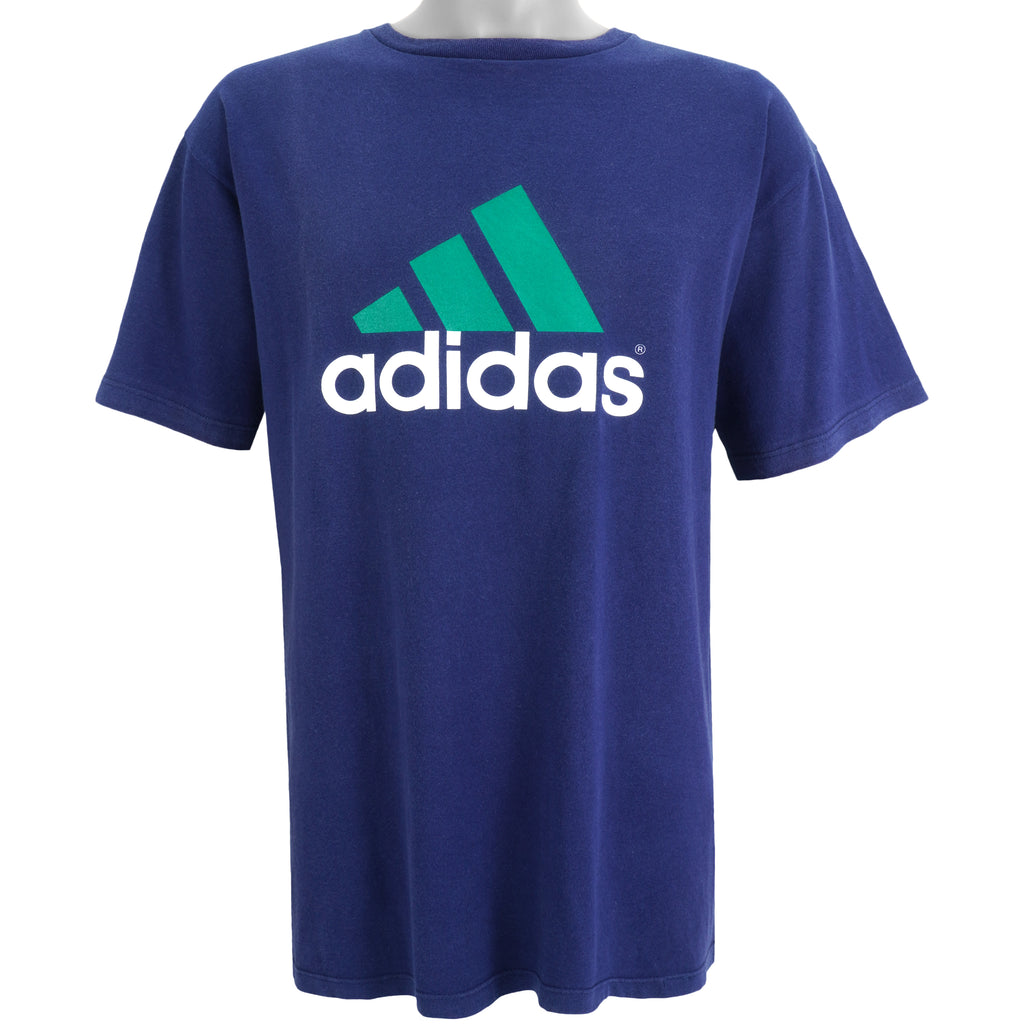 Adidas - Blue Big Spell-Out & Logo T-Shirt 1990s Medium Vintage Retro