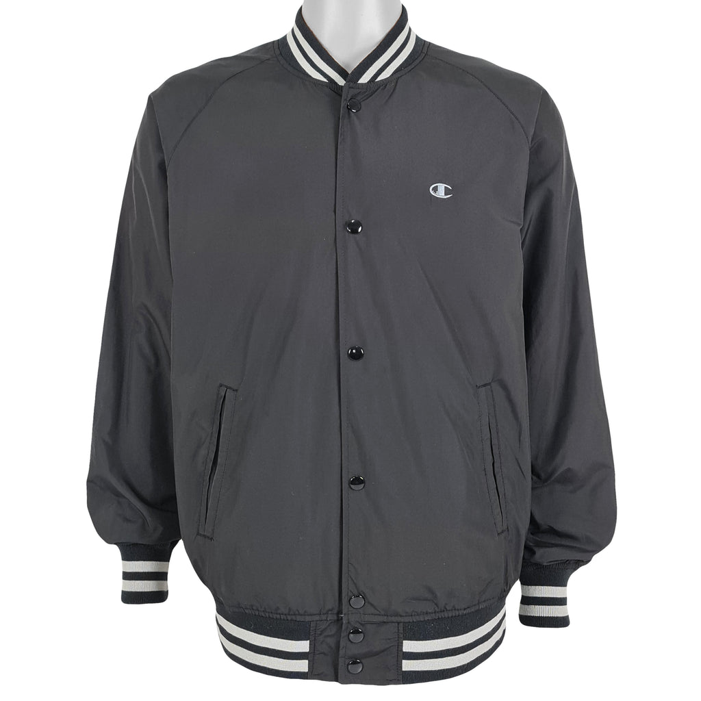 Champion - Black Button Up Baseball Jacket 1990s Large Vintage Retro